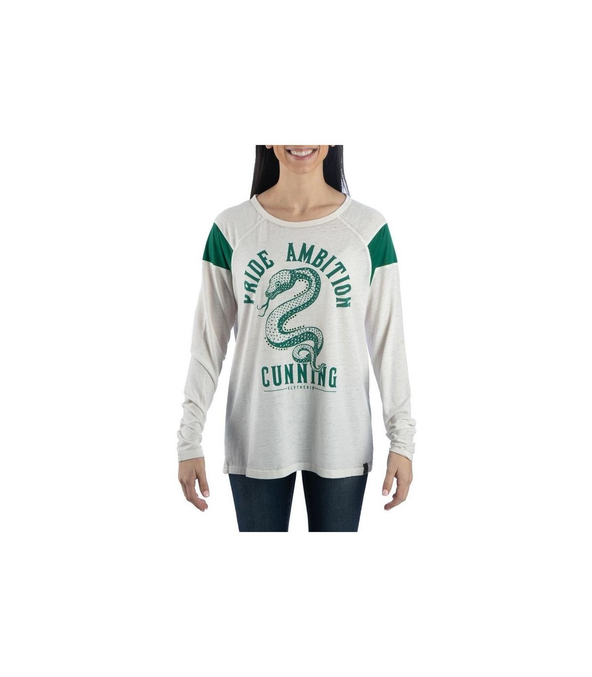 T-shirt manches longues gris-blanc Serpentard avec les mots Pride, Ambition, Cunning – Harry Potter