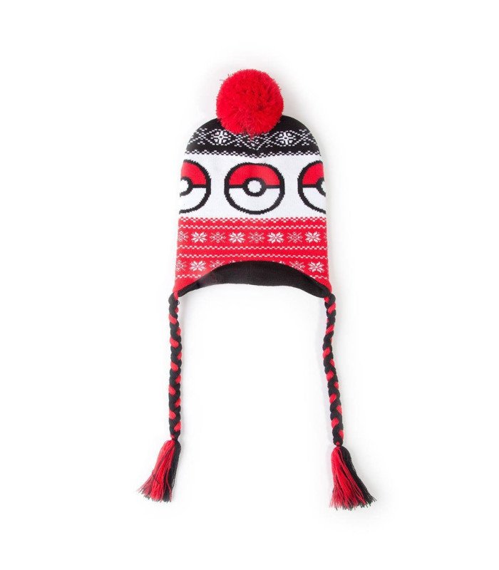 Bonnet Laplander Pokémon inspiré de la Pokéball, avec pompons